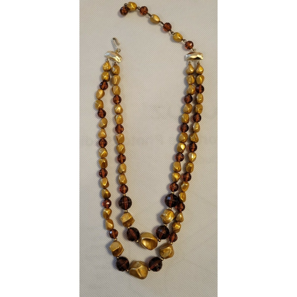 Vintage JAPAN Gold Tone Brown Bead Double Strand Necklace Costume Jewelry‎